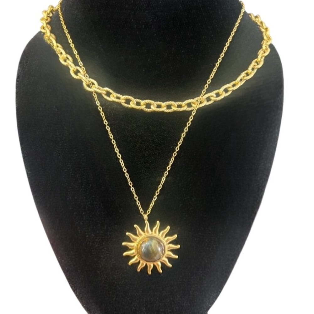 18k Gold Plated Sun Pendant Necklace • Tiger Eye Stone • Stainless Steel